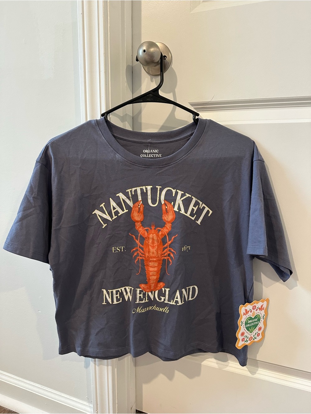 Nantucket New England Cropped Tee - Blue with Orange Lobster